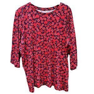 Lands End Ditsy‎ Floral Red & Purple 3/4 Sleeve Tunic Top Spring 2X 20W-22W
